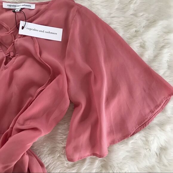 Coral Pink Lace Up Peplum‎ Top Blouse Short Flutter Sleeve Flowy XS X-Small New - Picture 9 of 14